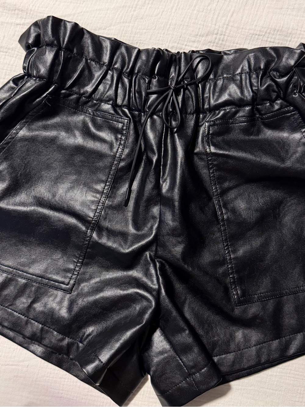 High-Waist Black Faux Leather Paperbag Shorts with Front Pockets
